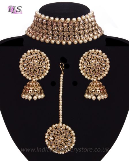 Champagne American Diamond Wide Choker, Jhumkis & Tikka NANA11300 Indian Jewellery