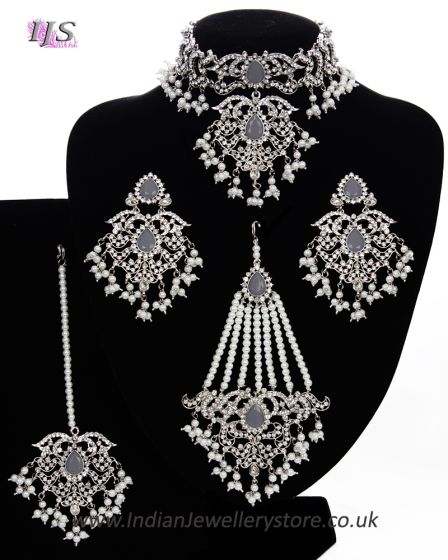 Silver Mughal Princess Indian Jewellery Set - Choker, Ear, Tikka & Jhumar - grey NSEC11547 Indian Jewellery