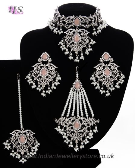 Silver Mughal Princess Indian Jewellery Set - Choker, Ear, Tikka & Jhumar - peach NSPC11558 Indian Jewellery