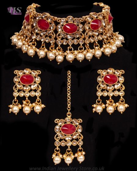 Traditional Pearl Indian Choker & Studs Jewellery Set - Bright Red NERP11858 Indian Jewellery