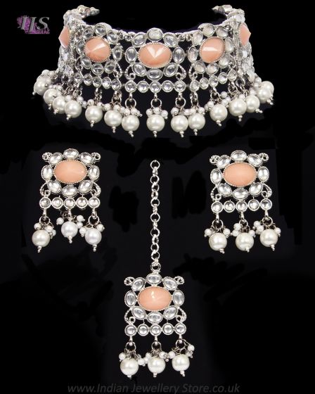 Silver Asian Indian Choker & Studs Jewellery Set - Colours Available NSWK11869C Indian Jewellery