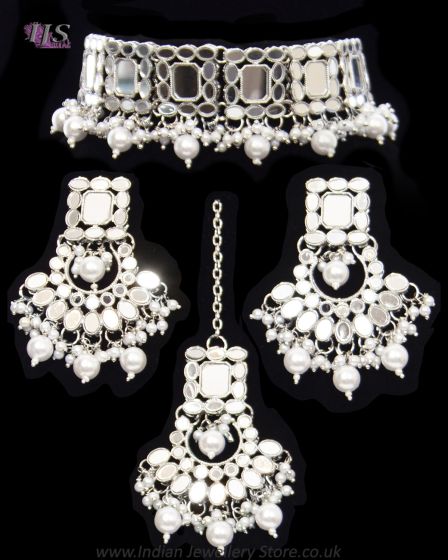 Silver Mirrored Asian Indian Choker Jewellery Set NSWM11920C Indian Jewellery