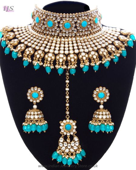 Turquoise Blue Sabyasachi Inspired Bridal Jewellery Set NELK12004 Indian Jewellery