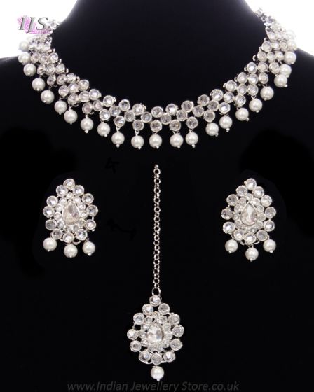 Indian Elegant Silver CZ Diamond Flexible Choker & Studs NSWA12065 Indian Jewellery
