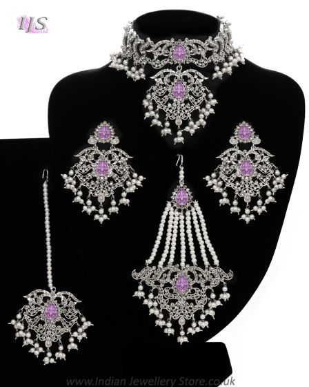Silver Mughal Princess Indian Jewellery Set - Choker, Ear, Tikka & Jhumar - lilac (light purple) NSUC11999 Indian Jewellery