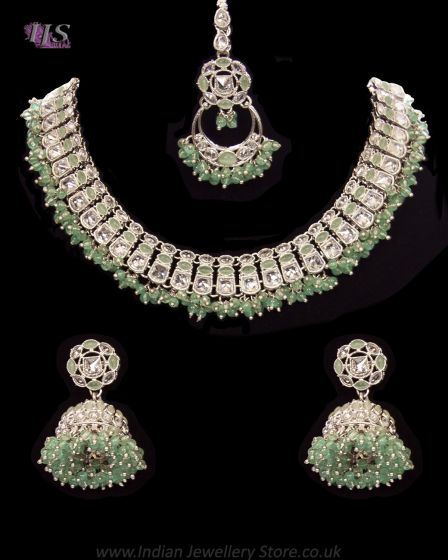 CZ Diamond Silver Delicate Indian Necklace with Jhumkis - Mint NSGA12059 Indian Jewellery