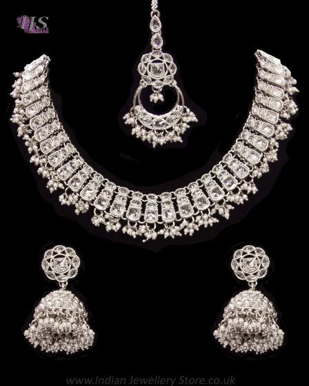 CZ Diamond Silver Delicate Indian Necklace with Jhumkis NSWA12060 Indian Jewellery
