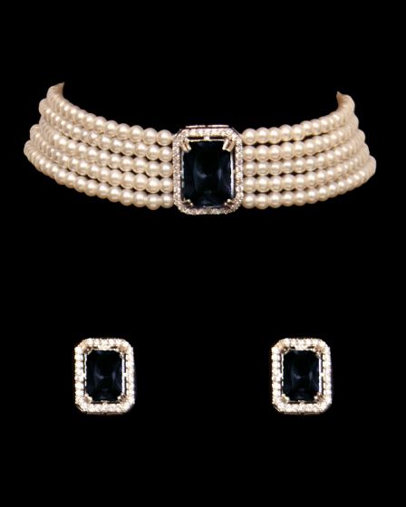 Classic Pearl Jewelled Choker & Studs NSBL12220 Indian Jewellery