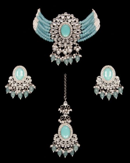Elegant Beaded Kundan Indian Jewellery Set in Silver - Colours available NSWL12238C Indian Jewellery