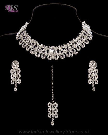 Modern Silver Indian Crystal Necklace Set - White NSWC12279 Indian Jewellery