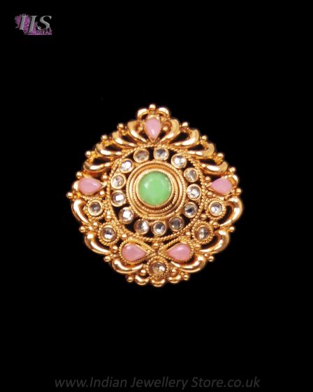 22k Baby Pink & Mint Green Mughal Ring REPP12204 Indian Jewellery