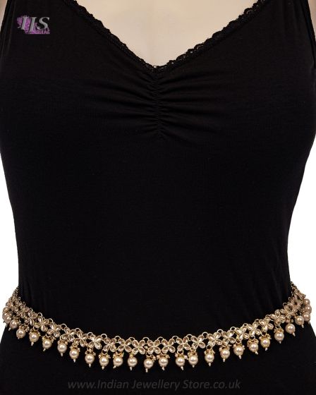 Champagne Gold Kundan & Pearls Indian Gold Plated Saree Belt LENK12131 Indian Jewellery