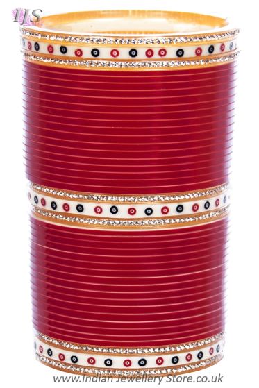 Traditional Punjabi, Dotted White Crystal Wedding Chura - Blood Red UERC11798C Indian Jewellery