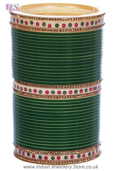 Traditional Punjabi, Dotted Champagne Crystal Wedding Chura - Green 2.6 UEGC11800 Indian Jewellery