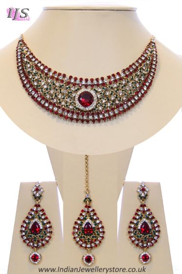 Crystal Collar Necklace Set - Maroon-Green Ella NAMC10494 Indian Jewellery