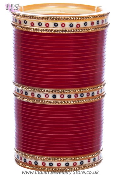 Traditional Indian Dotted Bridal Chura Bangles, Champagne Crystal - Blood Red UERC11813C Indian Jewellery