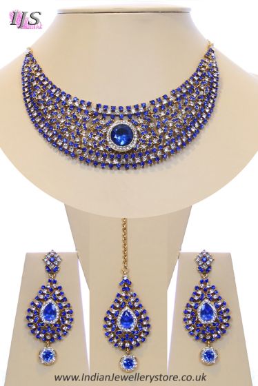 Crystal Collar Necklace Set - Royal Blue Ella NALC10492 Indian Jewellery