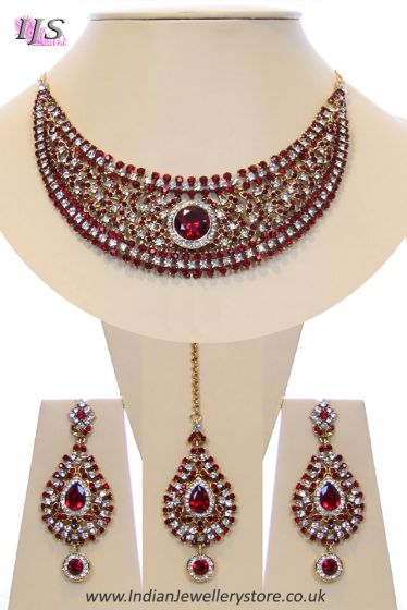 Crystal Collar Necklace Set - Maroon Red Ella NARC10495 Indian Jewellery
