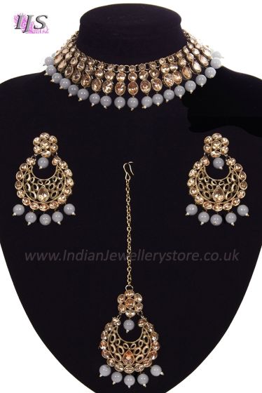 Antique Flexible Indian Jewellery Set - pale grey NAPE12125 Indian Jewellery