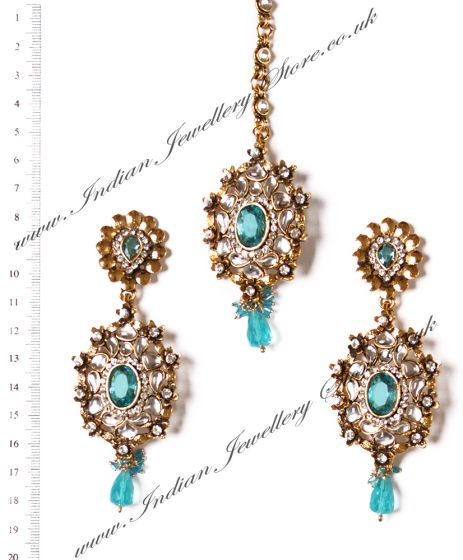 Sky Blue Earrings and Tikka IALK03455 Indian Jewellery